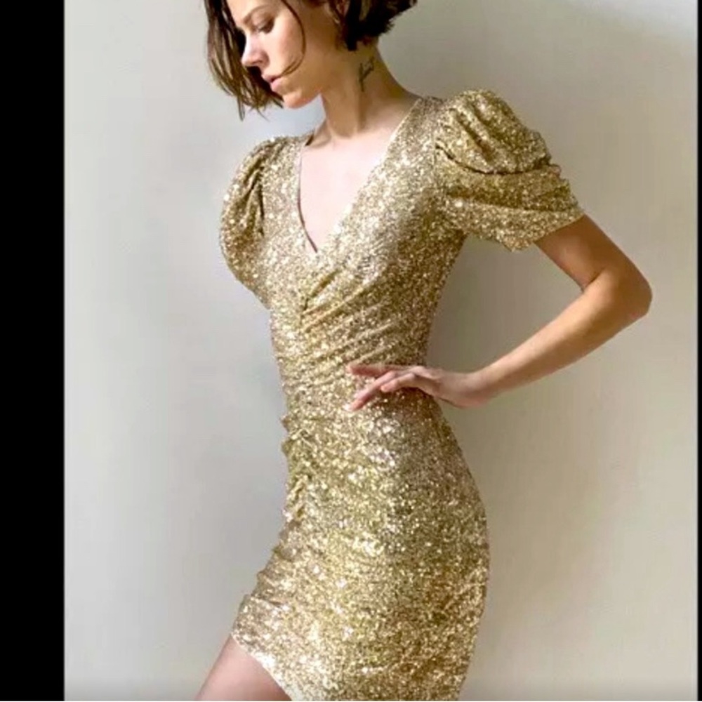 NEW *without* tags ZARA Gold Sequin Evening Cocktail Prom Dress RUCHED FRONT XS!